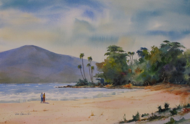 landscape, seascape, beach, island, hawaii, maui, kihei, original watercolor painting, oberst